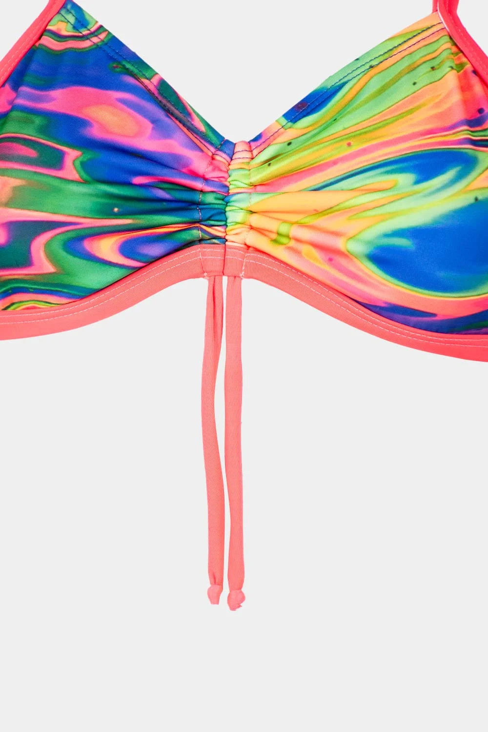 Women's strappy bikini top in rainbow tie-dye with pink straps, close-up – Bikini Uni