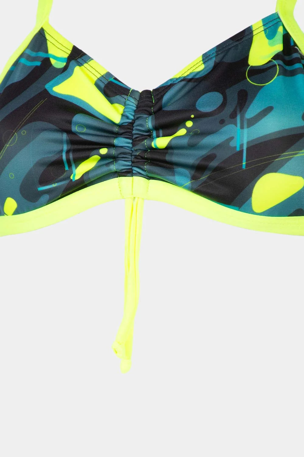 Women's strappy bikini top in teal and neon yellow abstract, close-up – Bikini Uni